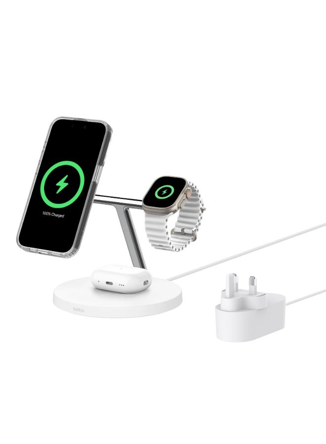 بيلكين BoostCharge Pro 3 في 1 | حامل شحن مغناطيسي لاسلكي مع Qi2 15 واط، مغناطيس قوي، شحن سريع لهواتف آبل وأندرويد، ساعة آبل 9/8/7 ألترا 2، يشمل مزود طاقة 40 واط - أبيض - Image 1