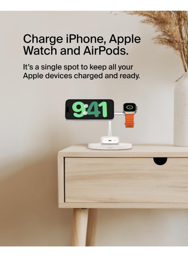 بيلكين BoostCharge Pro 3 في 1 | حامل شحن مغناطيسي لاسلكي مع Qi2 15 واط، مغناطيس قوي، شحن سريع لهواتف آبل وأندرويد، ساعة آبل 9/8/7 ألترا 2، يشمل مزود طاقة 40 واط - أبيض - Image 2