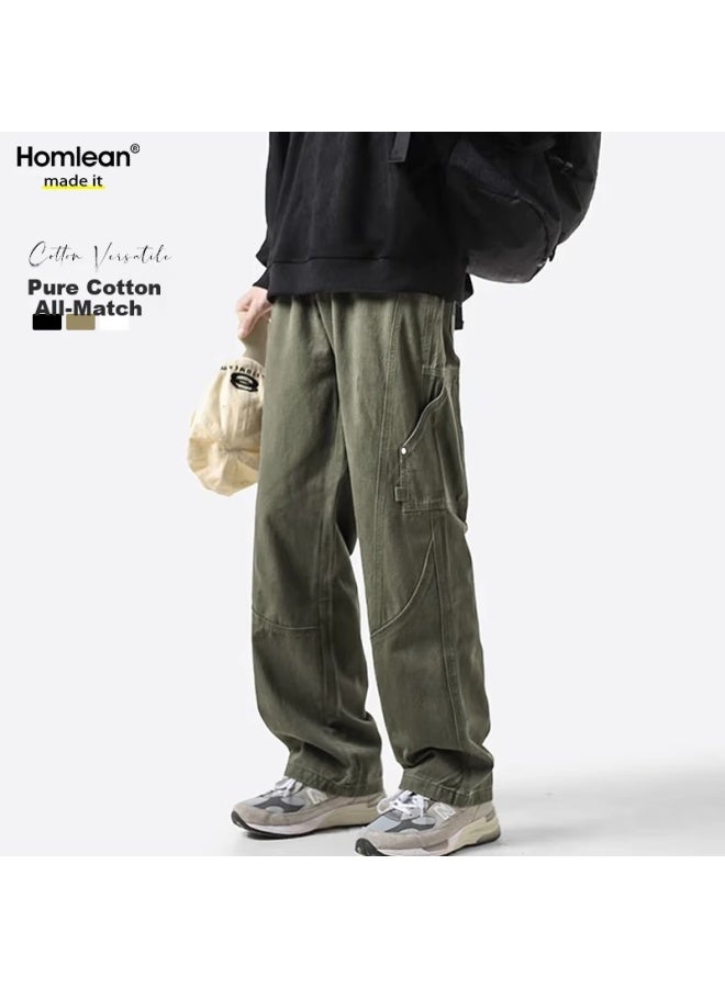 Homlean American-style Pure Cotton Casual Pants Men's Spring And Summer Niche Trendy Retro Loose Workwear Trousers Hs60 Army Green M - Image 1