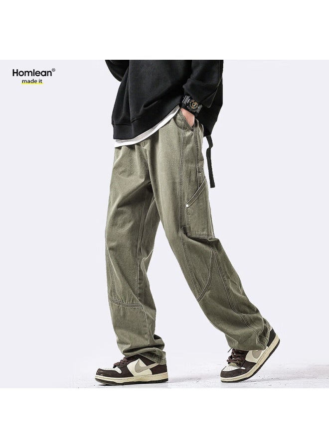 Homlean American-style Pure Cotton Casual Pants Men's Spring And Summer Niche Trendy Retro Loose Workwear Trousers Hs60 Army Green M - Image 5