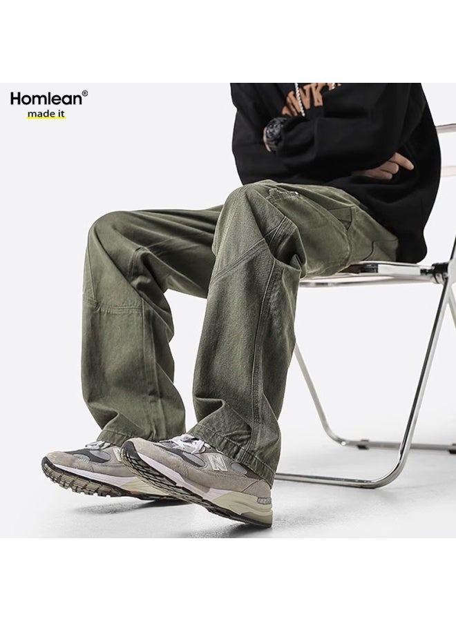 Homlean American-style Pure Cotton Casual Pants Men's Spring And Summer Niche Trendy Retro Loose Workwear Trousers Hs60 Army Green M - Image 2