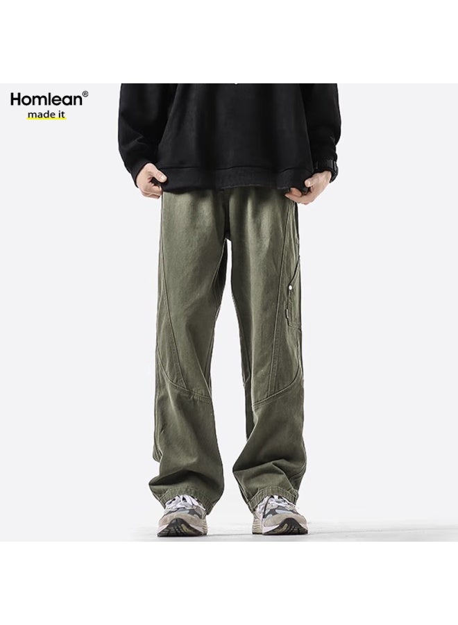 Homlean American-style Pure Cotton Casual Pants Men's Spring And Summer Niche Trendy Retro Loose Workwear Trousers Hs60 Army Green M - Image 4