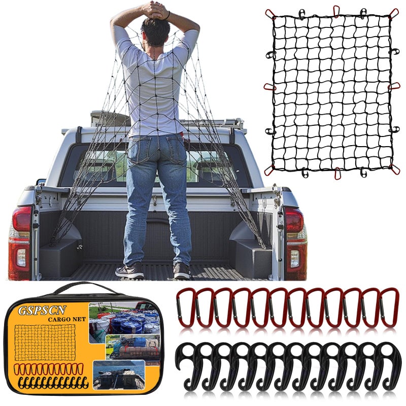 GSPSCN Truck Cargo Net 7 x 5 for Pickup Bed TrailerBoatRV SUV Stretches to 15x21 Max Heavy Duty Roof Rack NetSmall 5x5 Mesh Netting w24 Clip Carabiners Car Organizer Net for Large Loads