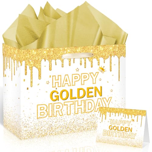 Peconal Happy Golden Birthday Gift Bag Gold Glitter Birthday Decorations It's My Golden Era Gift Wrapping Paper Bag for Women Men 21st 24th 25th 28th 30th Party Favor Supplies - Image 1