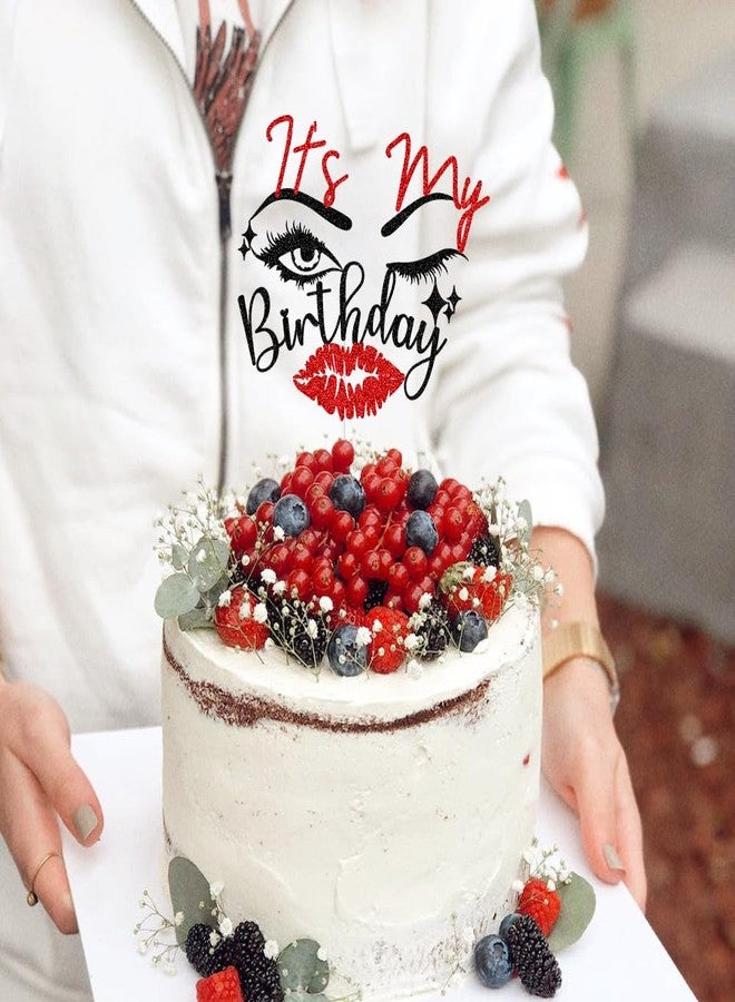 ZLPDS It's My Birthday Cake Topper - Funny Birthday Party Decorations for Girls & Women - Red & Black Glitter - 6.2 x 5.5 Inches - 1 Count - Image 4