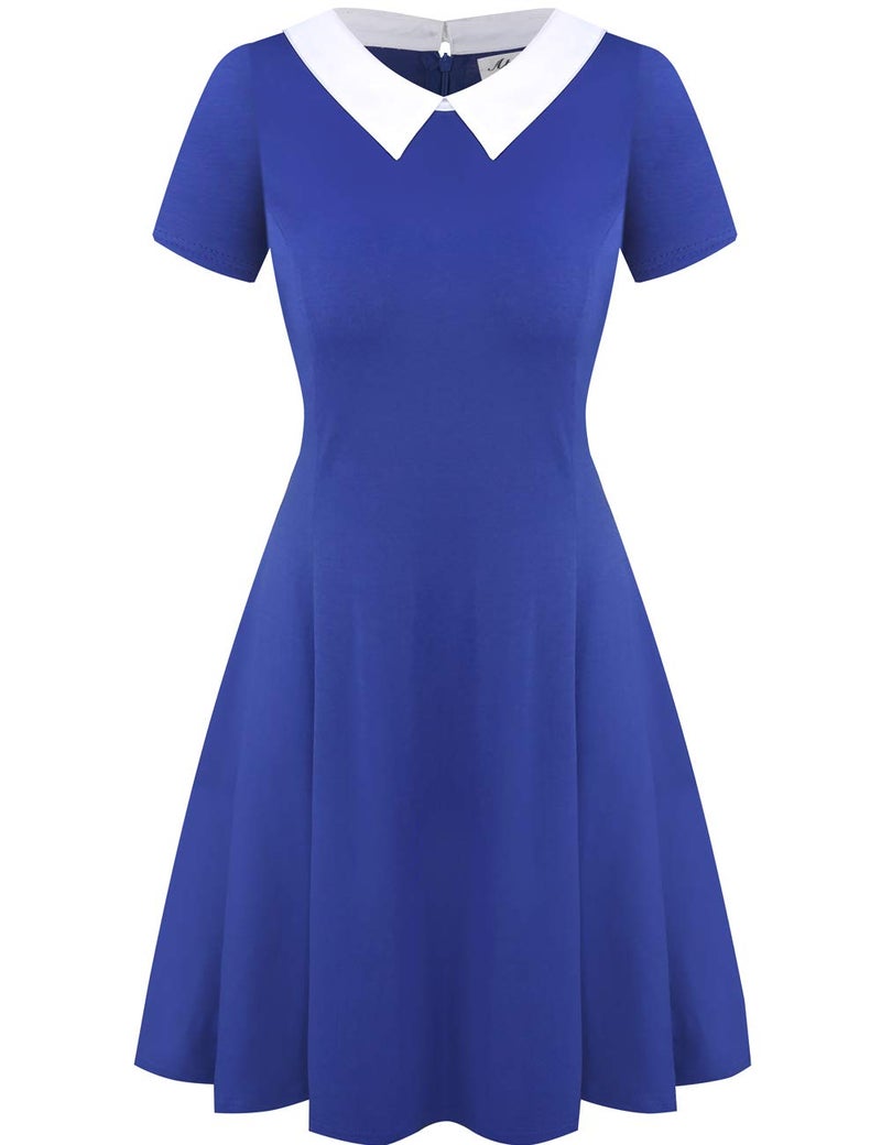 Aphratti Women's Short Sleeve Peter Pan Collar Cute Skater Dress Fit and Flare A-Line Casual Dresses Blue Small - Image 5