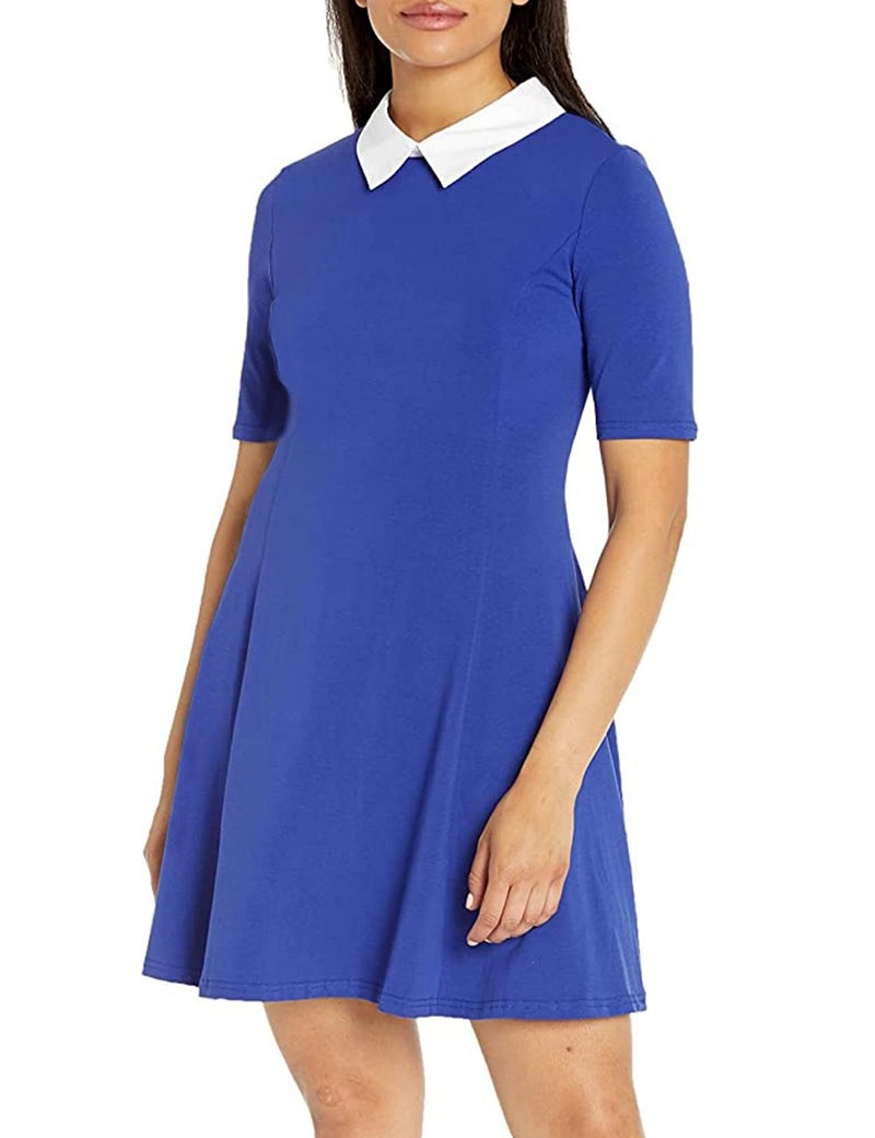 Aphratti Women's Short Sleeve Peter Pan Collar Cute Skater Dress Fit and Flare A-Line Casual Dresses Blue Small - Image 4