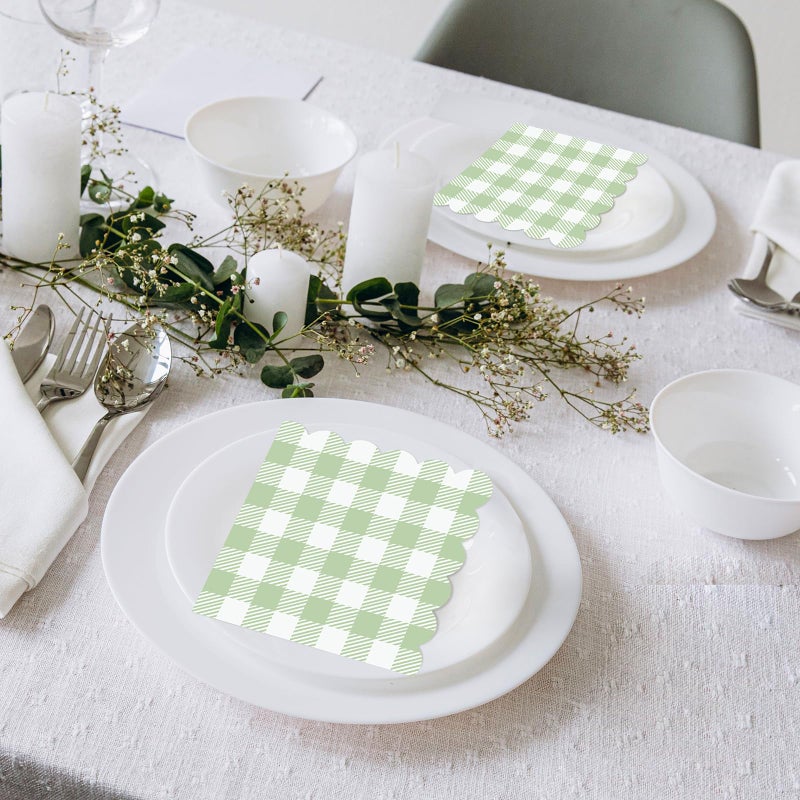 Xiangqu 120 Pcs Green Gingham Napkins  Disposable Easter Baby Shower Sage Green Napkin Scalloped Green Cocktail Napkins Paper Plaid Napkin for Picnic  Wedding  Baby & Bridal Shower 5 x 5 Inches - Image 5