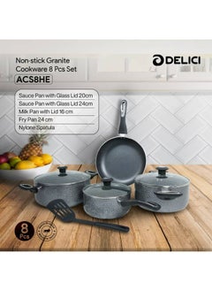 DELICI 8-Pieces Granite Coated Cookware Set with White Spatter Coating,Superior Aluminum Non-Stick Interior,Includes 2 Sause pans with Tempered Glass Lids,16cm Milk Pan with lid,and 24cm Fry Pan with Spatula  - Image 2