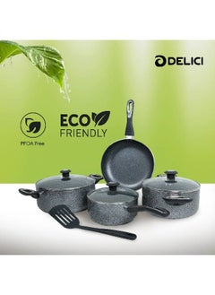 DELICI 8-Pieces Granite Coated Cookware Set with White Spatter Coating,Superior Aluminum Non-Stick Interior,Includes 2 Sause pans with Tempered Glass Lids,16cm Milk Pan with lid,and 24cm Fry Pan with Spatula  - Image 4