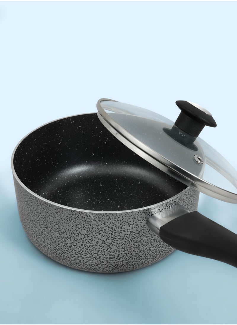 DELICI 8-Pieces Granite Coated Cookware Set with White Spatter Coating,Superior Aluminum Non-Stick Interior,Includes 2 Sause pans with Tempered Glass Lids,16cm Milk Pan with lid,and 24cm Fry Pan with Spatula  - Image 5