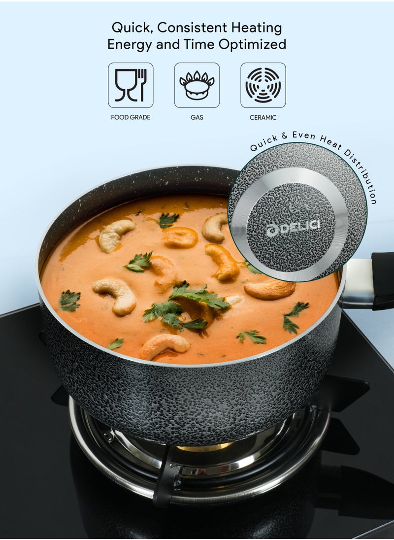 DELICI 8-Pieces Granite Coated Cookware Set with White Spatter Coating,Superior Aluminum Non-Stick Interior,Includes 2 Sause pans with Tempered Glass Lids,16cm Milk Pan with lid,and 24cm Fry Pan with Spatula  - Image 3