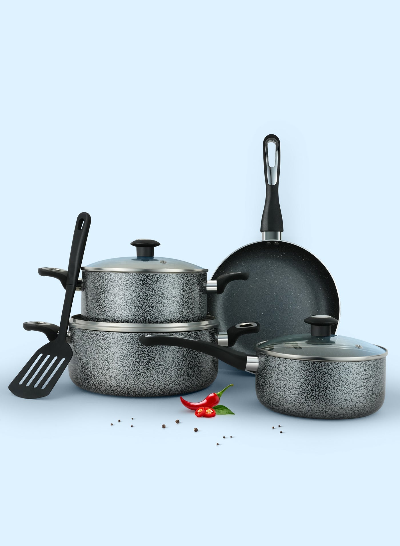 8 Pieces Non-Stick Aluminum Granite Coated Cookware Set with White Spatter Coating, Superior Aluminum Non-Stick Interior, Appliance Compatibility Gas, Electric, Ceramic, Induction cooktop Includes 2 Sause pans with Tempered Glass Lids, 18cm Milk Pan with lid and 24cm Fry Pan with Spatula - ACS8HE
