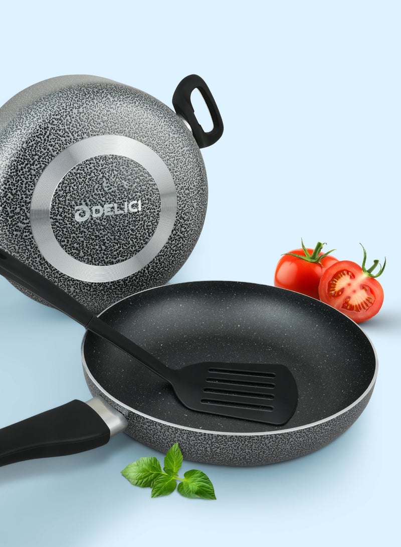 DELICI 8 Pieces Aluminum Non-Stick Granite Coated Cookware Set with White Spatter Coating, Superior Aluminum Non-Stick Interior, Includes 2 Sause pans with Tempered Glass Lids, 18cm Milk Pan with lid and 24cm Fry Pan with Spatula - ACS8HE - Image 5