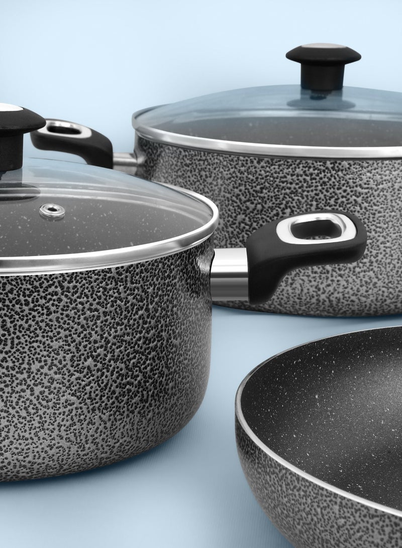 DELICI 8 Pieces Aluminum Non-Stick Granite Coated Cookware Set with White Spatter Coating, Superior Aluminum Non-Stick Interior, Includes 2 Sause pans with Tempered Glass Lids, 18cm Milk Pan with lid and 24cm Fry Pan with Spatula - ACS8HE - Image 4