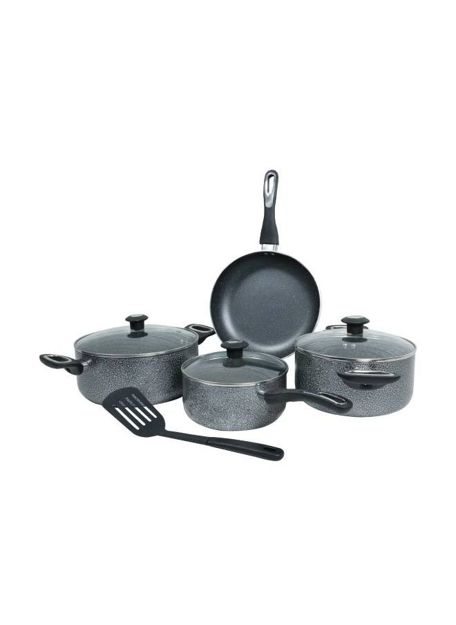 8-Pieces Granite Coated Cookware Set with White Spatter Coating,Superior Aluminum Non-Stick Interior,Includes 2 Sause pans with Tempered Glass Lids,16cm Milk Pan with lid,and 24cm Fry Pan with Spatula 