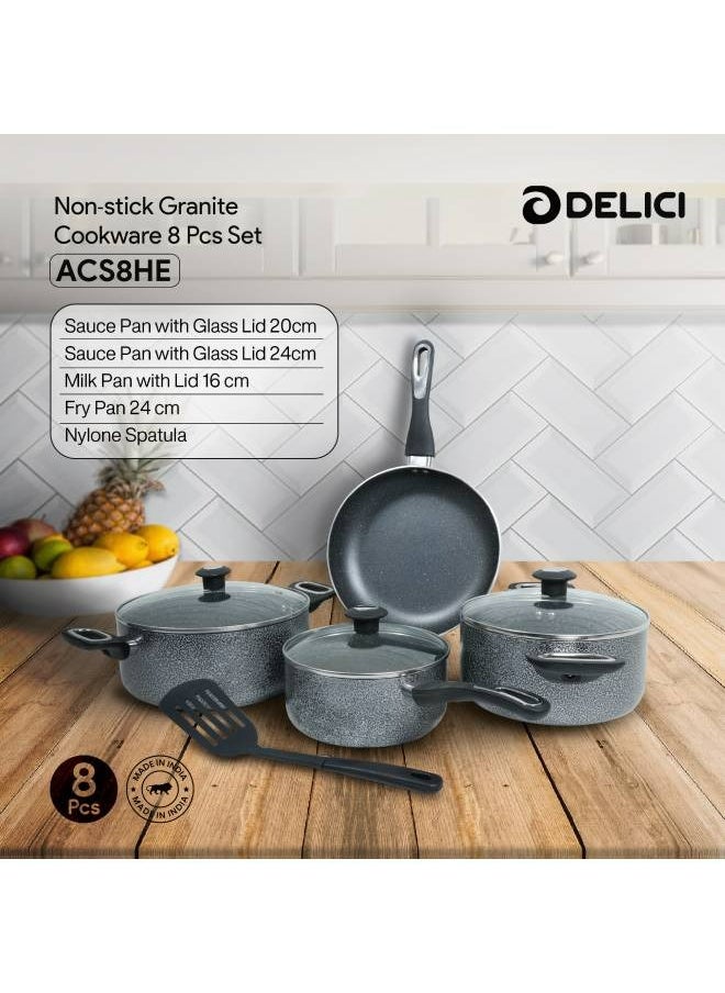 DELICI - 8-Pieces Granite Coated Cookware Set with White Spatter Coating,Superior Aluminum Non-Stick Interior,Includes 2 Sause pans with Tempered Glass Lids,16cm Milk Pan with lid,and 24cm Fry Pan with Spatula - Image 1