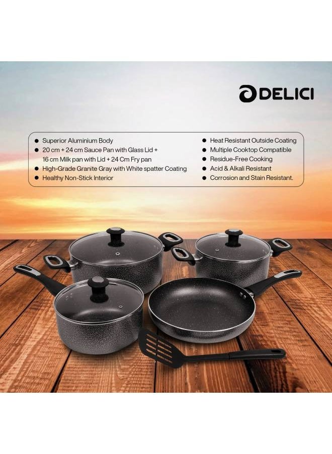 DELICI - 8-Pieces Granite Coated Cookware Set with White Spatter Coating,Superior Aluminum Non-Stick Interior,Includes 2 Sause pans with Tempered Glass Lids,16cm Milk Pan with lid,and 24cm Fry Pan with Spatula - Image 1
