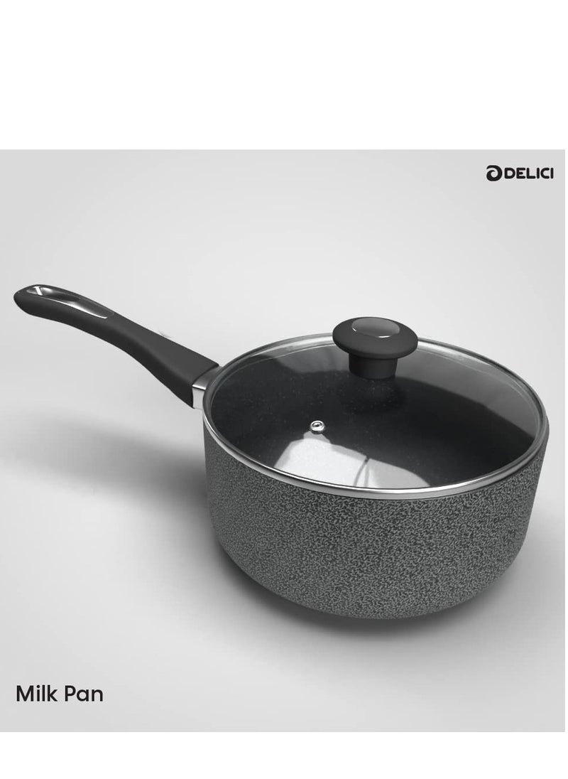 DELICI - 8-Pieces Granite Coated Cookware Set with White Spatter Coating,Superior Aluminum Non-Stick Interior,Includes 2 Sause pans with Tempered Glass Lids,16cm Milk Pan with lid,and 24cm Fry Pan with Spatula - Image 1