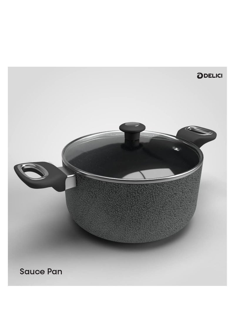DELICI - 8-Pieces Granite Coated Cookware Set with White Spatter Coating,Superior Aluminum Non-Stick Interior,Includes 2 Sause pans with Tempered Glass Lids,16cm Milk Pan with lid,and 24cm Fry Pan with Spatula - Image 1