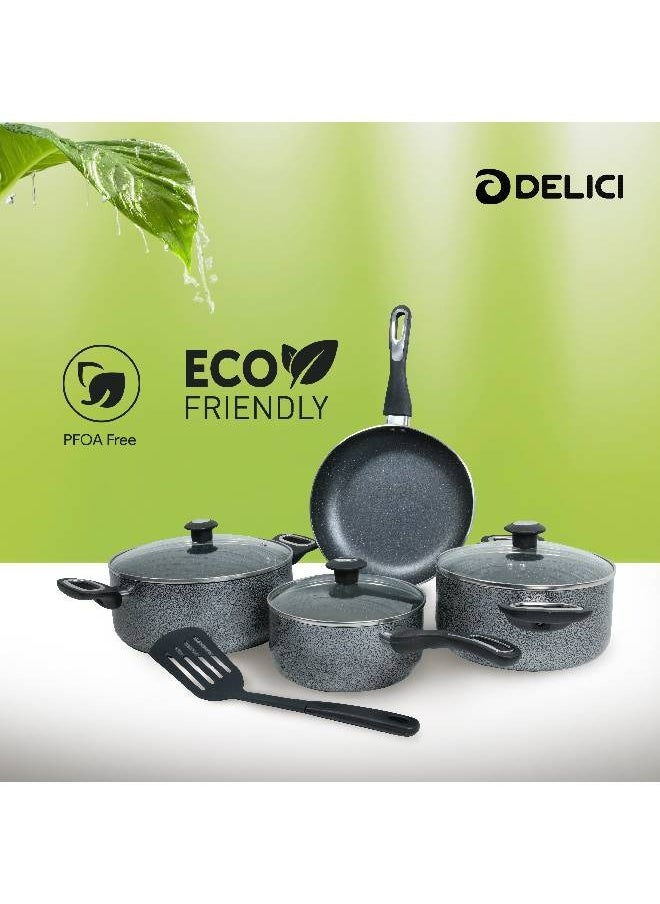 DELICI - 8-Pieces Granite Coated Cookware Set with White Spatter Coating,Superior Aluminum Non-Stick Interior,Includes 2 Sause pans with Tempered Glass Lids,16cm Milk Pan with lid,and 24cm Fry Pan with Spatula - Image 1