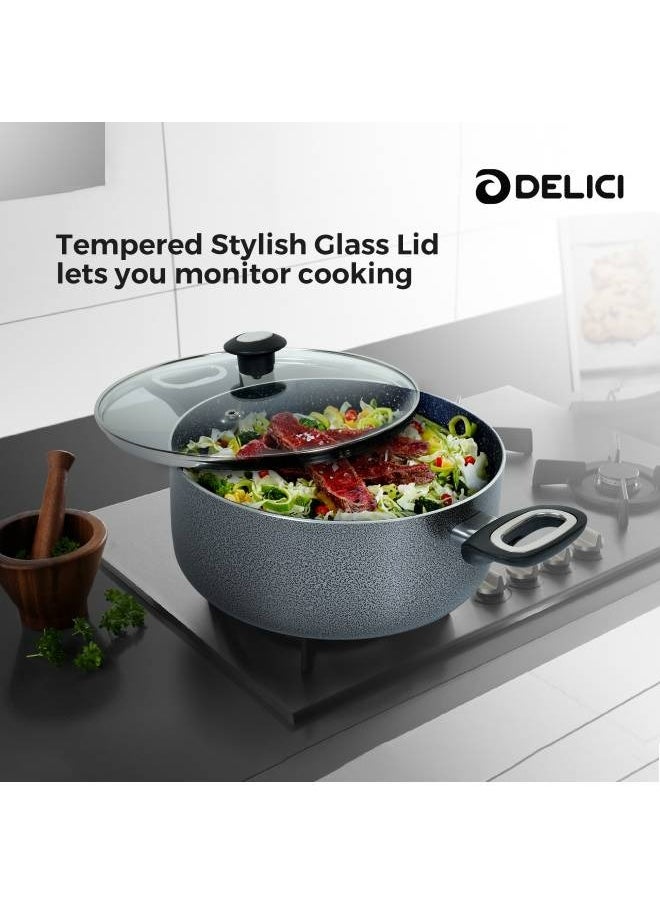 DELICI - 8-Pieces Granite Coated Cookware Set with White Spatter Coating,Superior Aluminum Non-Stick Interior,Includes 2 Sause pans with Tempered Glass Lids,16cm Milk Pan with lid,and 24cm Fry Pan with Spatula - Image 1