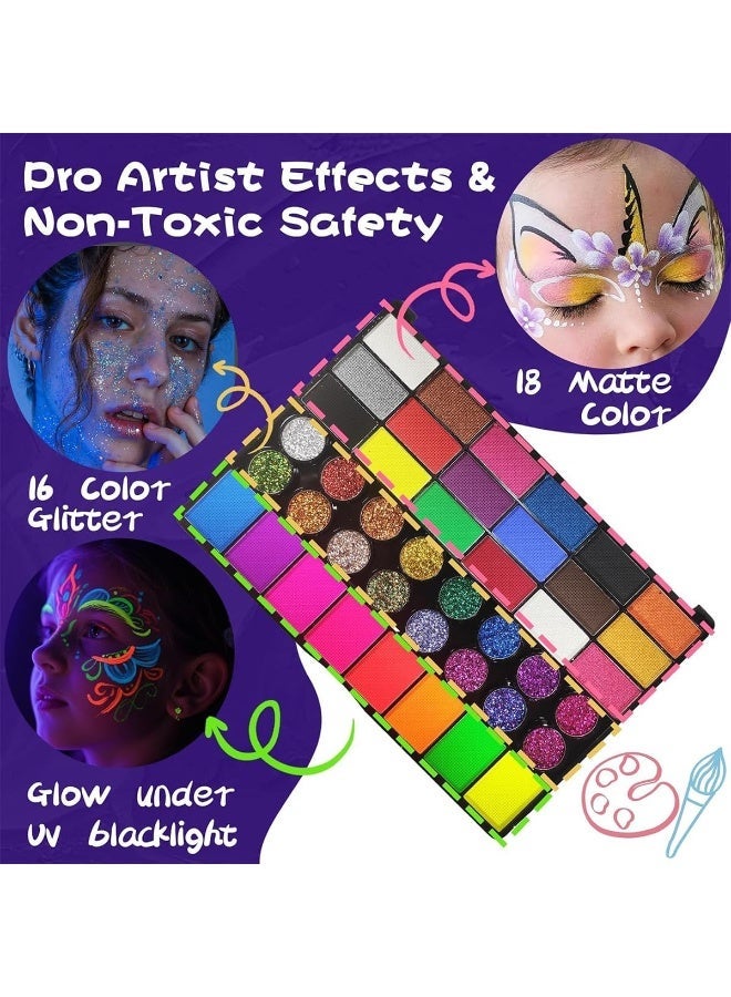 GIOIO 42 Color Face Painting Kit for Party-Non Toxic Water Activated Face Paint Palette With Stencils With Stencils & Brushes-Professional Body Makeup Kit for Parties, Birthdays - Image 4