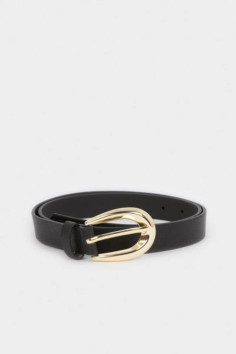 Woman Oval Buckle Faux Leather