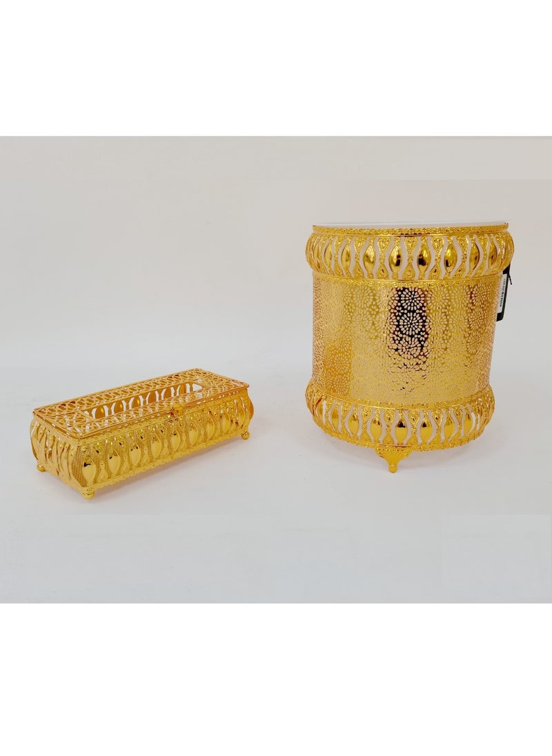 Generic Luxury 2-piece set, gold waste basket with decorative tissue box 
