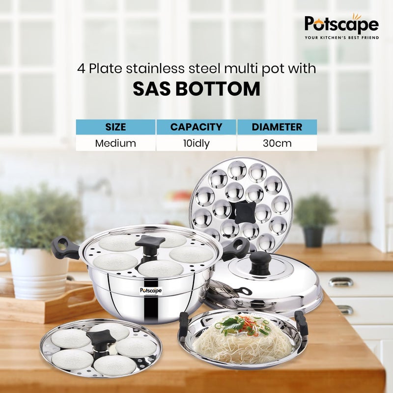 Potscape Maxx Idlipot Multi Idli Pot Stainless Steel Compatible with Gas Induction Includes Dhokla Maker with Steamer 2 Idli Plates 1 Mini Idli Plate Momo Idiyaapam Maker - Image 3