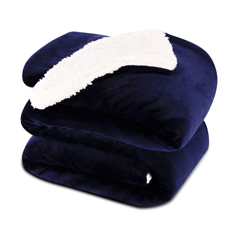NANPIPER King Size Sherpa Blanket Soft Fleece Throw for Bed Reversible Thick Fuzzy Blanket for Winter Navy Blue 90x108 inches