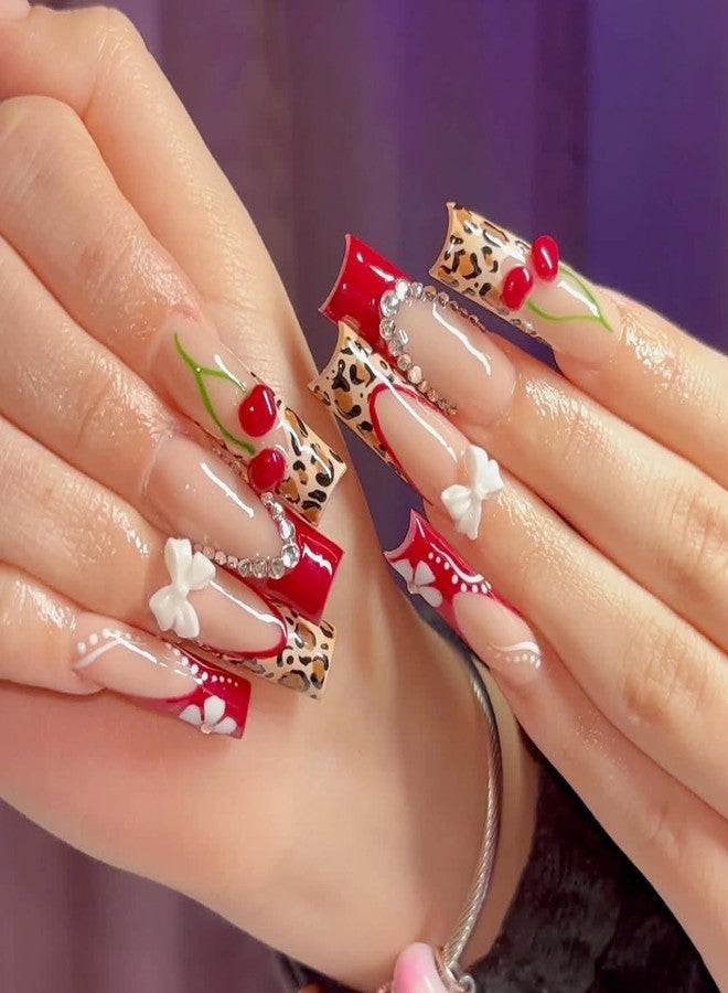 MISUD Press on Nails - Long Square Glue on Nails with Red French Tip, Acrylic Cherry Cheetah Design 24 pcs - Image 1