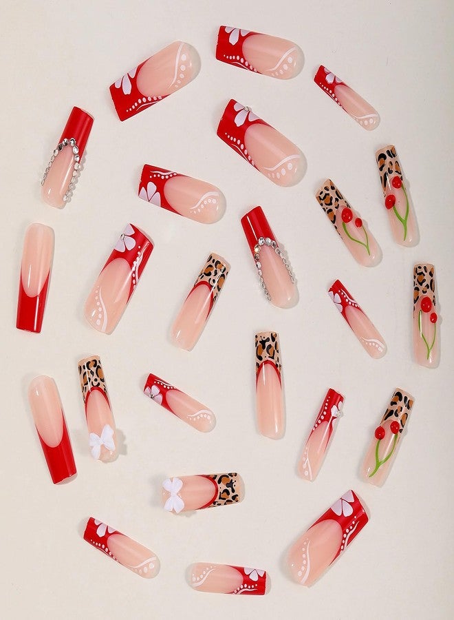 MISUD Press on Nails - Long Square Glue on Nails with Red French Tip, Acrylic Cherry Cheetah Design 24 pcs - Image 3