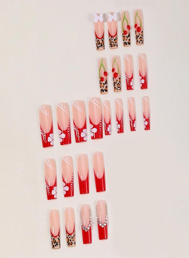MISUD Press on Nails - Long Square Glue on Nails with Red French Tip, Acrylic Cherry Cheetah Design 24 pcs - Image 2