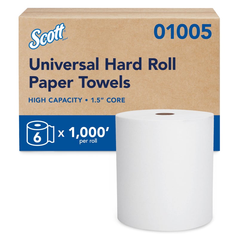 Scott Professional Essential Universal High-Capacity Hard Roll Paper Towels, Bulk (01005), Hardwound 1.5" Core, Absorbency Pockets, White (6 Rolls at 1,000' Each, 6,000'/Case) - Image 1
