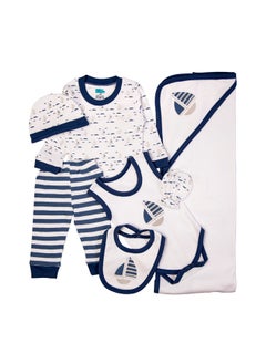 Babies Basic 7 Piece Unisex 100% Cotton Gift Set Include Bib, Blanket, Mitten, Cap, Romper, Top And Bottom Set, Blue  - Image 4