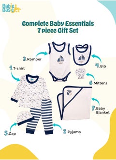 Babies Basic 7 Piece Unisex 100% Cotton Gift Set Include Bib, Blanket, Mitten, Cap, Romper, Top And Bottom Set, Blue  - Image 3