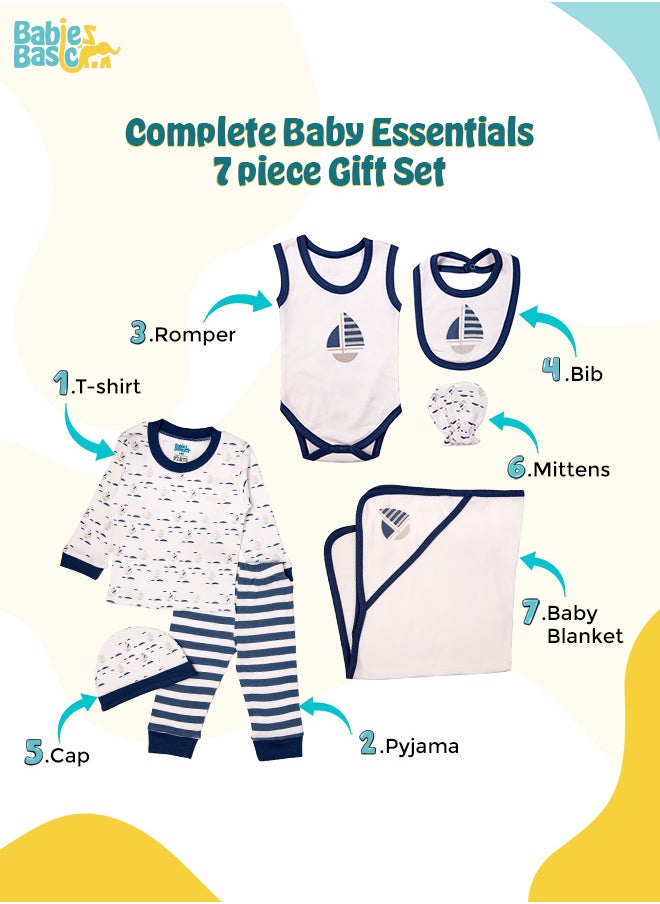 Babies Basic 7 Piece Unisex 100% Cotton Gift Set Include Bib, Blanket, Mitten, Cap, Romper, Top And Bottom Set, Blue  - Image 3