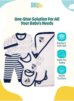 Babies Basic 7 Piece Unisex 100% Cotton Gift Set Include Bib, Blanket, Mitten, Cap, Romper, Top And Bottom Set, Blue  - Image 2