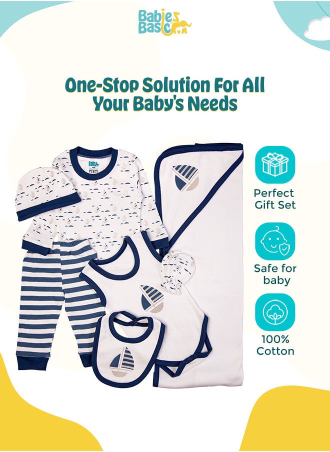 Babies Basic 7 Piece Unisex 100% Cotton Gift Set Include Bib, Blanket, Mitten, Cap, Romper, Top And Bottom Set, Blue  - Image 2