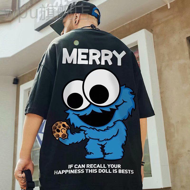 Hong Kong Style T-Shirt Men'S Short Sleeve Ins Fashion Brand Hip Hop Plus Size Printed Loose Fashion Couple Cartoon Half Sleeve - Image 1