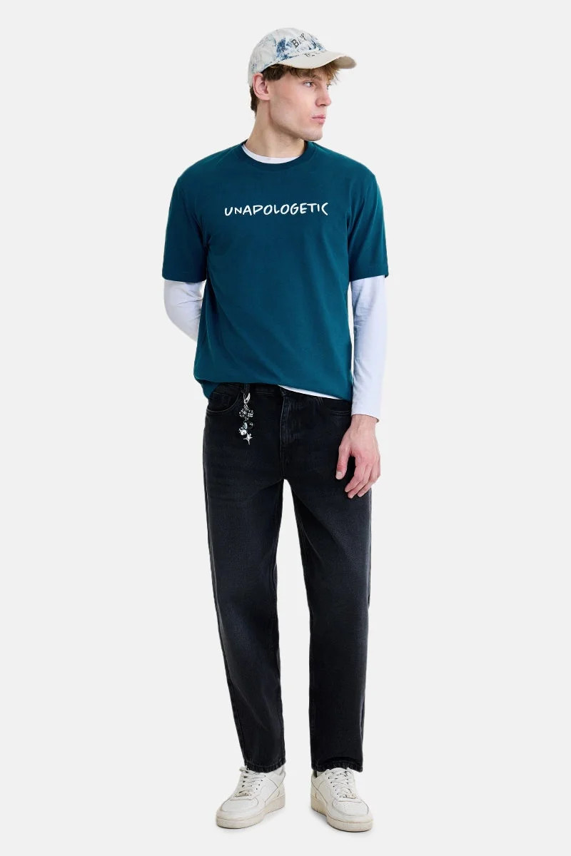 SNITCH Teal Embroidered Half Sleeve Regular Fit Streetwear T-Shirt