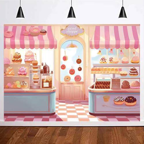 HQM Pink Cute Sweet Shop Banner Donut Cake Candy Shop Bakery Store Cake Donut Ice Cream Girls Princess Birthday Baby Shower Party Photography Backdrop 71x47.2 Inch Supplies - Image 3