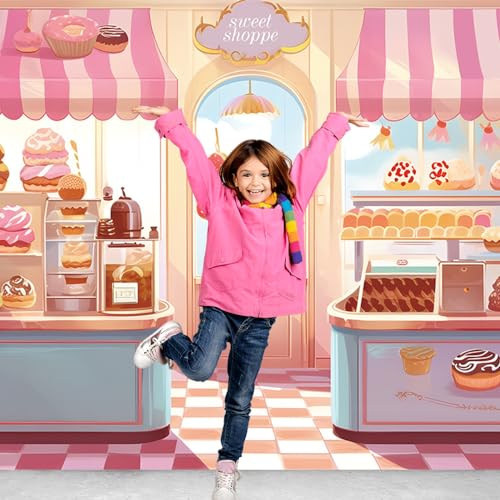 HQM Pink Cute Sweet Shop Banner Donut Cake Candy Shop Bakery Store Cake Donut Ice Cream Girls Princess Birthday Baby Shower Party Photography Backdrop 71x47.2 Inch Supplies - Image 2