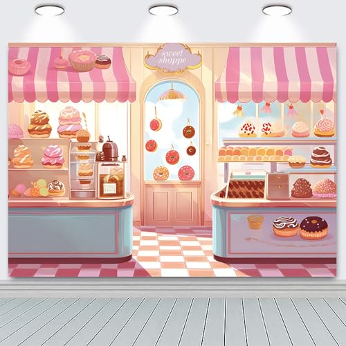 HQM Pink Cute Sweet Shop Banner Donut Cake Candy Shop Bakery Store Cake Donut Ice Cream Girls Princess Birthday Baby Shower Party Photography Backdrop 71x47.2 Inch Supplies - Image 4
