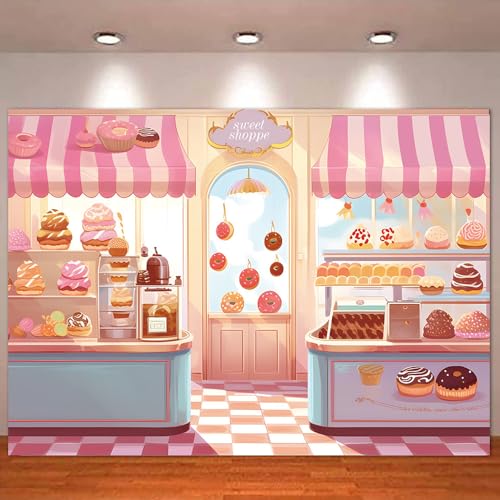 HQM Pink Cute Sweet Shop Banner Donut Cake Candy Shop Bakery Store Cake Donut Ice Cream Girls Princess Birthday Baby Shower Party Photography Backdrop 71x47.2 Inch Supplies - Image 1