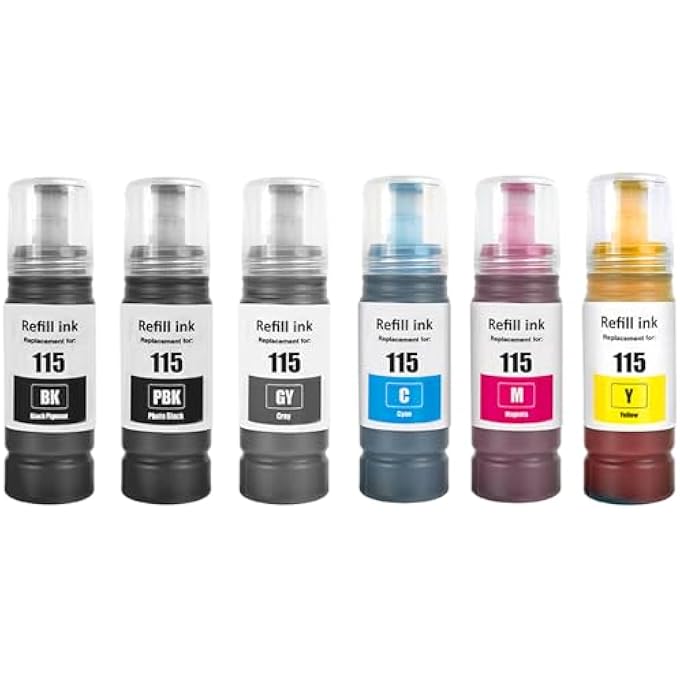 115 INK COMPATIBLE WITH EPSON 115 INK CARTRIDGES MULTIPACK FOR ECOTANK L8160 L8180 (6-PACK PIGMENT BLACK/BLACK/CYAN/MAGENTA/YELLOW/GREY) - Image 1