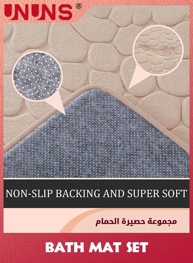 UNUNS Bathroom Rugs Sets,2-Piece Cobblestone Memory Foam Bathroom Mats Set,Non Slip Bath Mats For Bathroom,Water Absorbent,Washable Khaki Bath Rugs For Tub,Toilet And Floor,Beige - Image 3