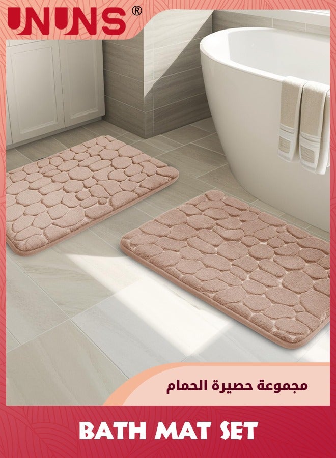 UNUNS Bathroom Rugs Sets,2-Piece Cobblestone Memory Foam Bathroom Mats Set,Non Slip Bath Mats For Bathroom,Water Absorbent,Washable Khaki Bath Rugs For Tub,Toilet And Floor,Beige - Image 2