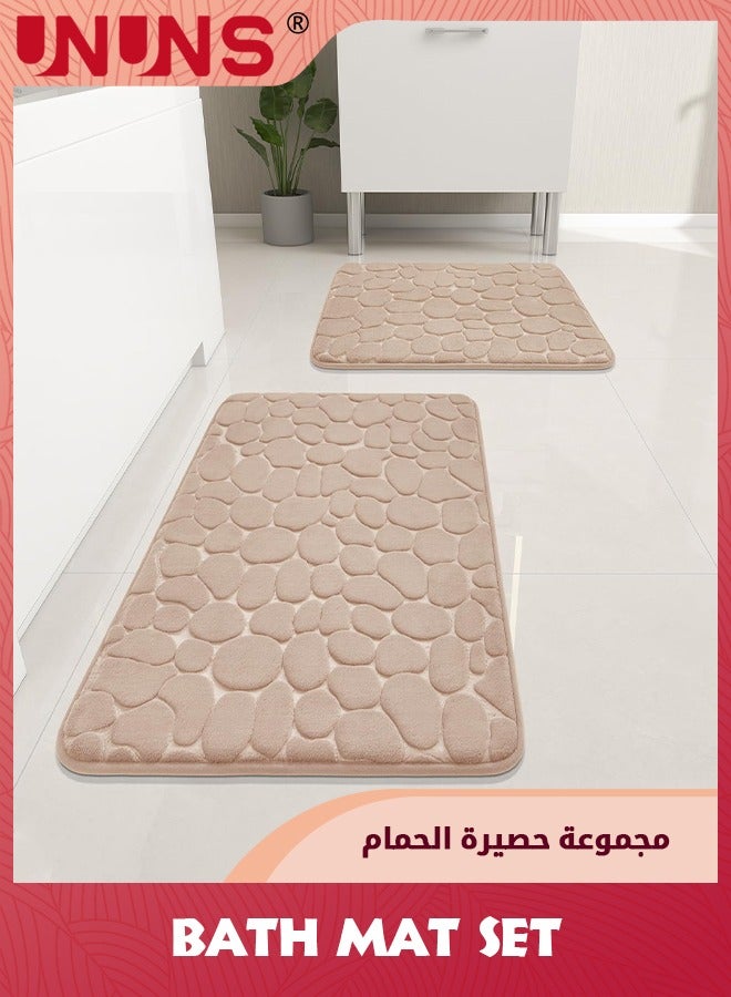 UNUNS Bathroom Rugs Sets,2-Piece Cobblestone Memory Foam Bathroom Mats Set,Non Slip Bath Mats For Bathroom,Water Absorbent,Washable Khaki Bath Rugs For Tub,Toilet And Floor,Beige - Image 1